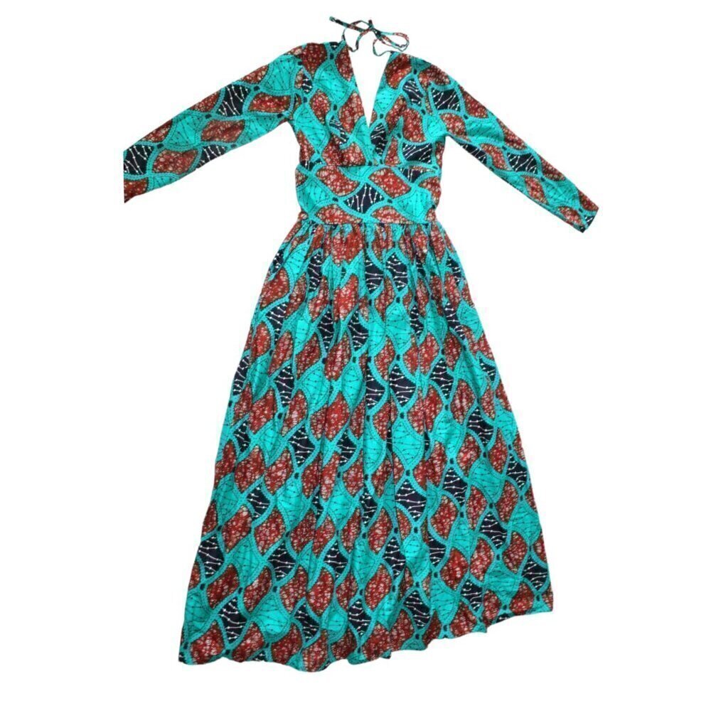 Handmade African multicolor Prairie Maxi dress M Tall Long sleeve zip up Tribal - Picture 12 of 13